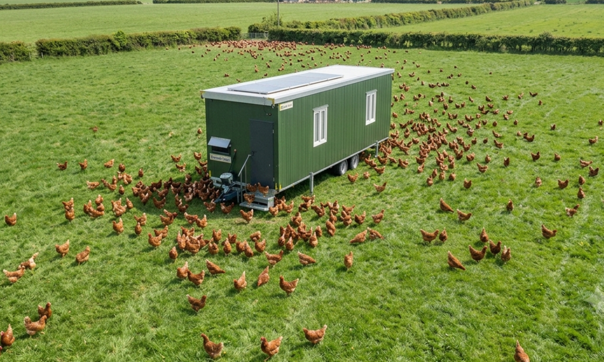 Le poulailler mobile Farmer Starter S au milieu des champs entoué de ses poules pondeuses à Ottignies